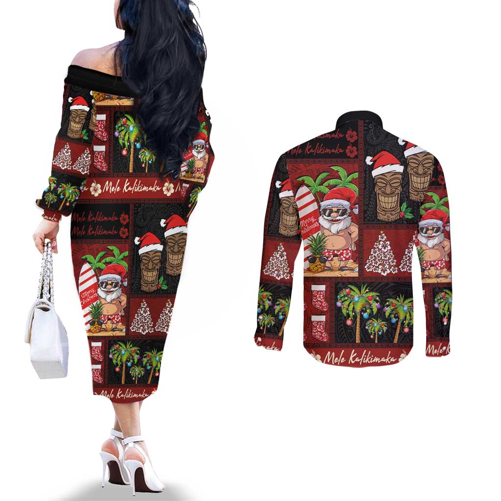 Hawaiian Christmas Couples Matching Off The Shoulder Long Sleeve Dress and Long Sleeve Button Shirt - Mele Kalikimaka Island Holiday Vibes - Black Red LT03 - Polynesian Pride
