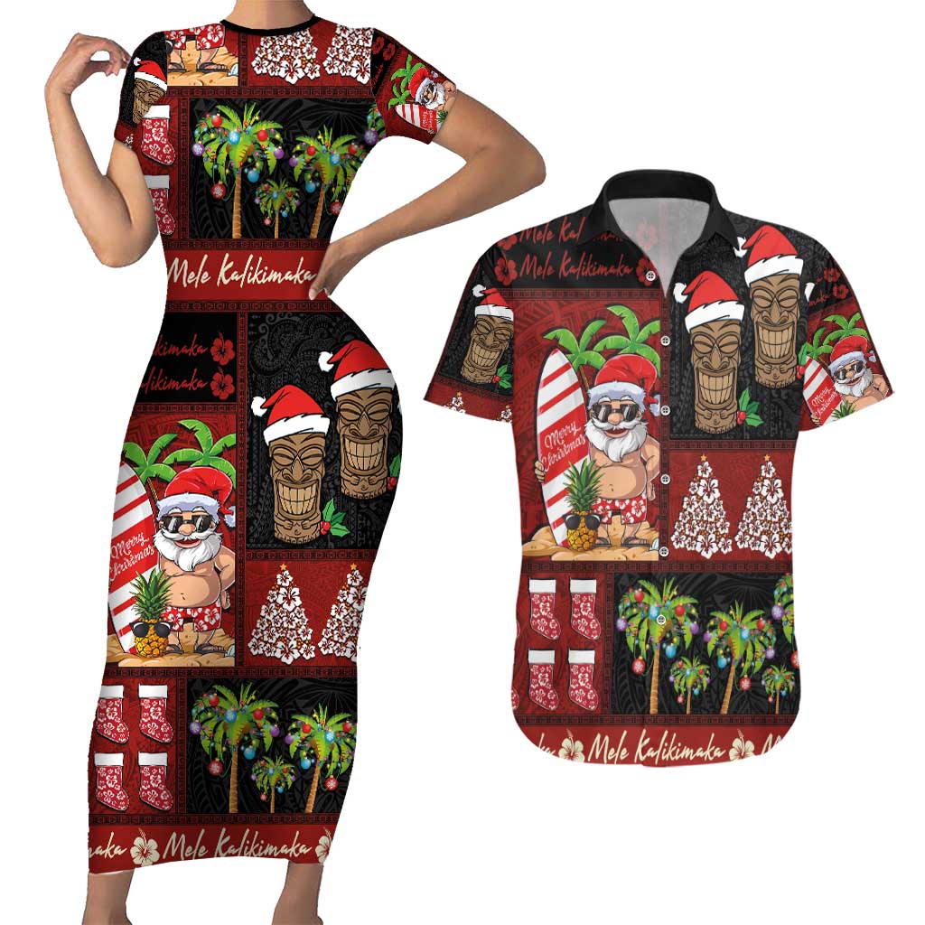 Hawaiian Christmas Couples Matching Short Sleeve Bodycon Dress and Hawaiian Shirt - Mele Kalikimaka Island Holiday Vibes - Black Red