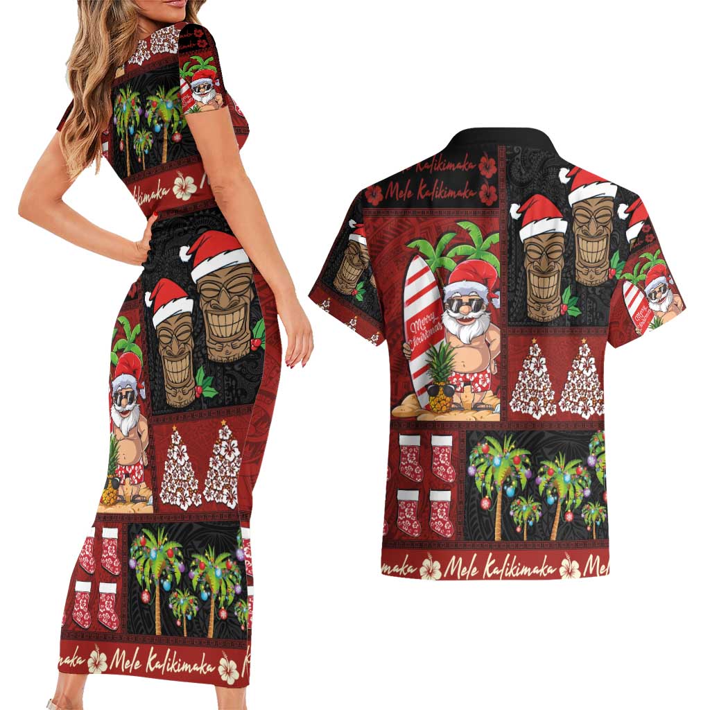 Hawaiian Christmas Couples Matching Short Sleeve Bodycon Dress and Hawaiian Shirt - Mele Kalikimaka Island Holiday Vibes - Black Red