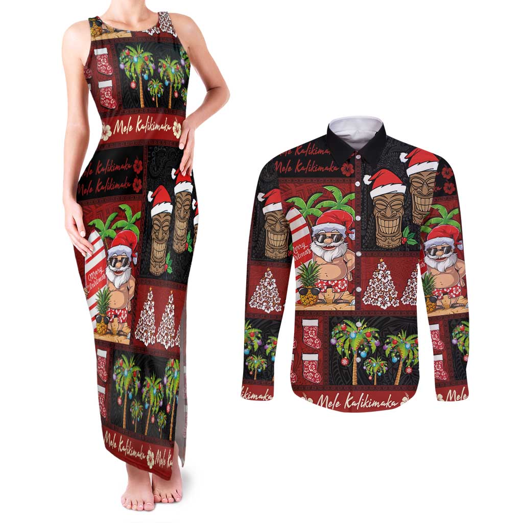 Hawaiian Christmas Couples Matching Tank Maxi Dress and Long Sleeve Button Shirt - Mele Kalikimaka Island Holiday Vibes - Black Red LT03 Black - Red - Polynesian Pride