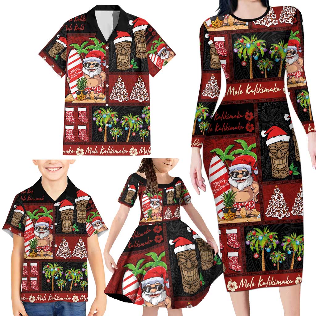 Hawaiian Christmas Family Matching Long Sleeve Bodycon Dress and Hawaiian Shirt - Mele Kalikimaka Island Holiday Vibes - Black Red LT03 - Polynesian Pride
