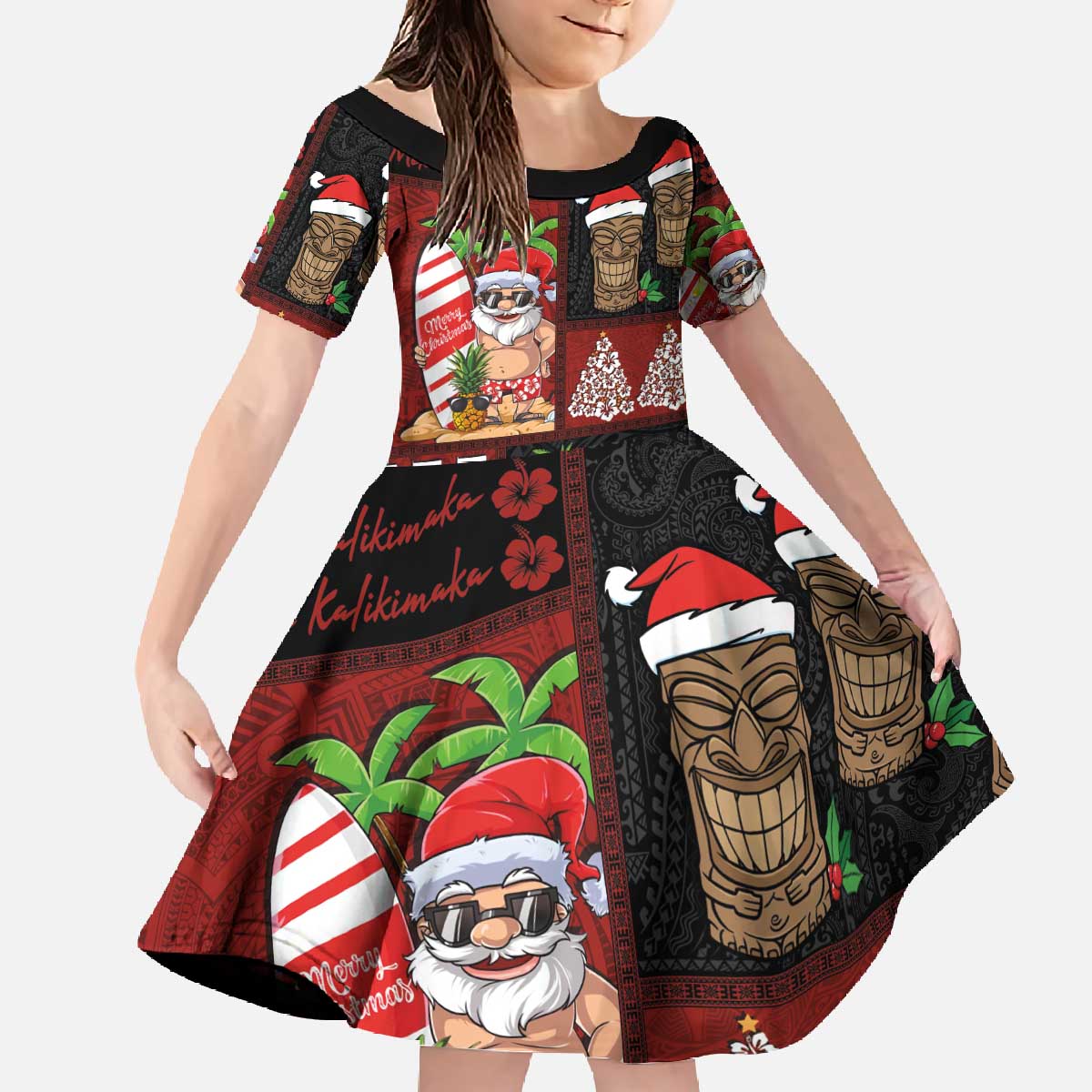 Hawaiian Christmas Family Matching Off The Shoulder Long Sleeve Dress and Hawaiian Shirt - Mele Kalikimaka Island Holiday Vibes - Black Red LT03 Daughter's Dress Black - Red - Polynesian Pride