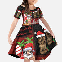 Hawaiian Christmas Family Matching Off The Shoulder Long Sleeve Dress and Hawaiian Shirt - Mele Kalikimaka Island Holiday Vibes - Black Red LT03 Daughter's Dress Black - Red - Polynesian Pride