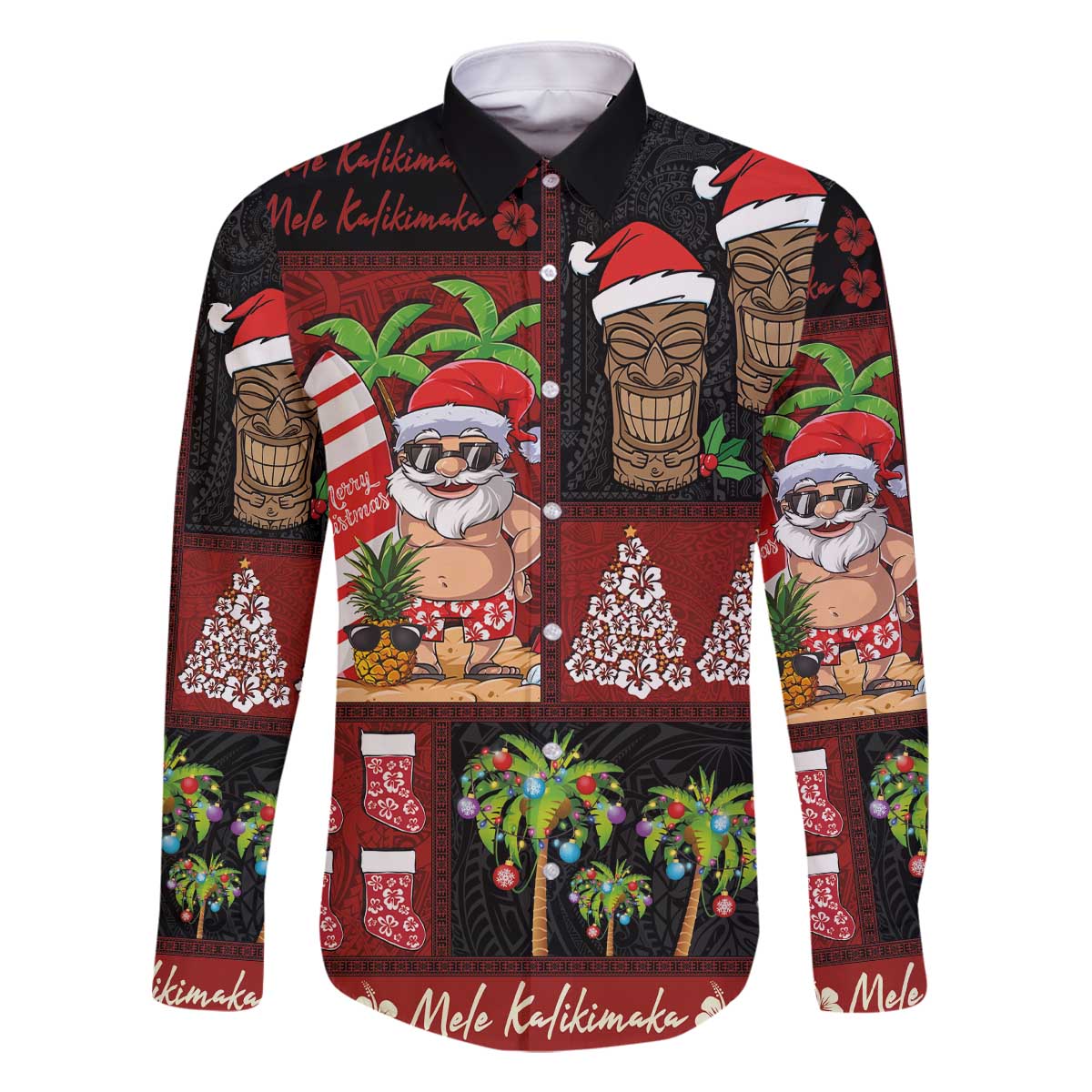 Hawaiian Christmas Family Matching Off The Shoulder Long Sleeve Dress and Hawaiian Shirt - Mele Kalikimaka Island Holiday Vibes - Black Red LT03 Dad's Shirt - Long Sleeve Black - Red - Polynesian Pride