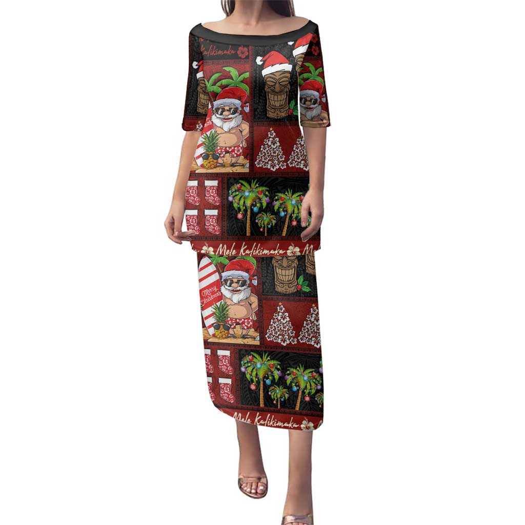 Hawaiian Christmas Family Matching Puletasi and Hawaiian Shirt - Mele Kalikimaka Island Holiday Vibes - Black Red LT03 Mom's Dress Black - Red - Polynesian Pride