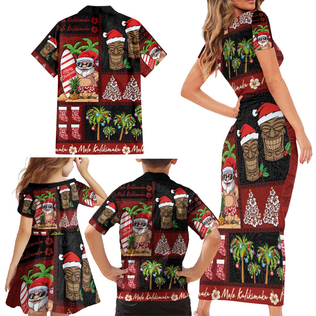 Hawaiian Christmas Family Matching Short Sleeve Bodycon Dress and Hawaiian Shirt - Mele Kalikimaka Island Holiday Vibes - Black Red LT03 - Polynesian Pride