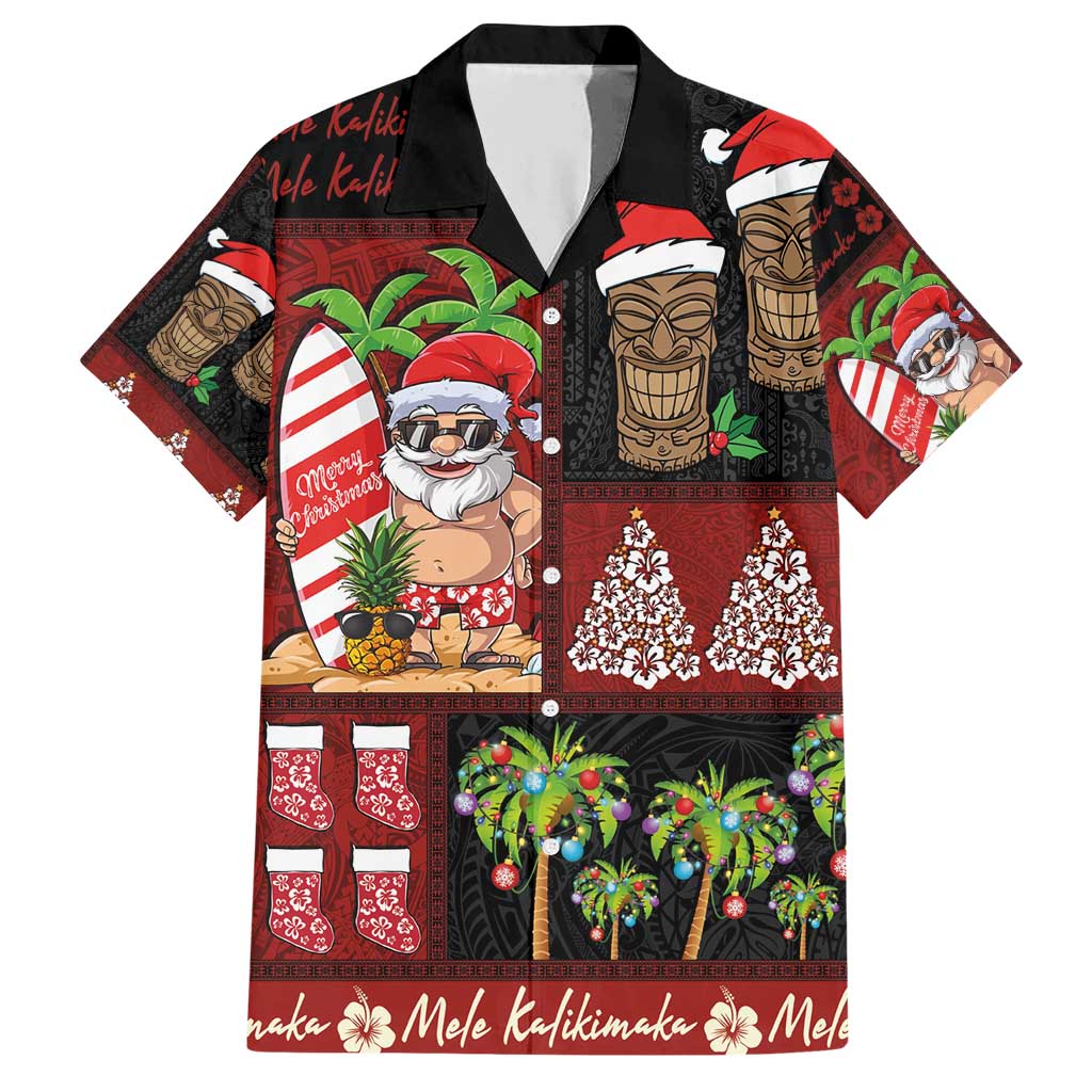 Hawaiian Christmas Family Matching Short Sleeve Bodycon Dress and Hawaiian Shirt - Mele Kalikimaka Island Holiday Vibes - Black Red LT03 Dad's Shirt - Short Sleeve Black - Red - Polynesian Pride