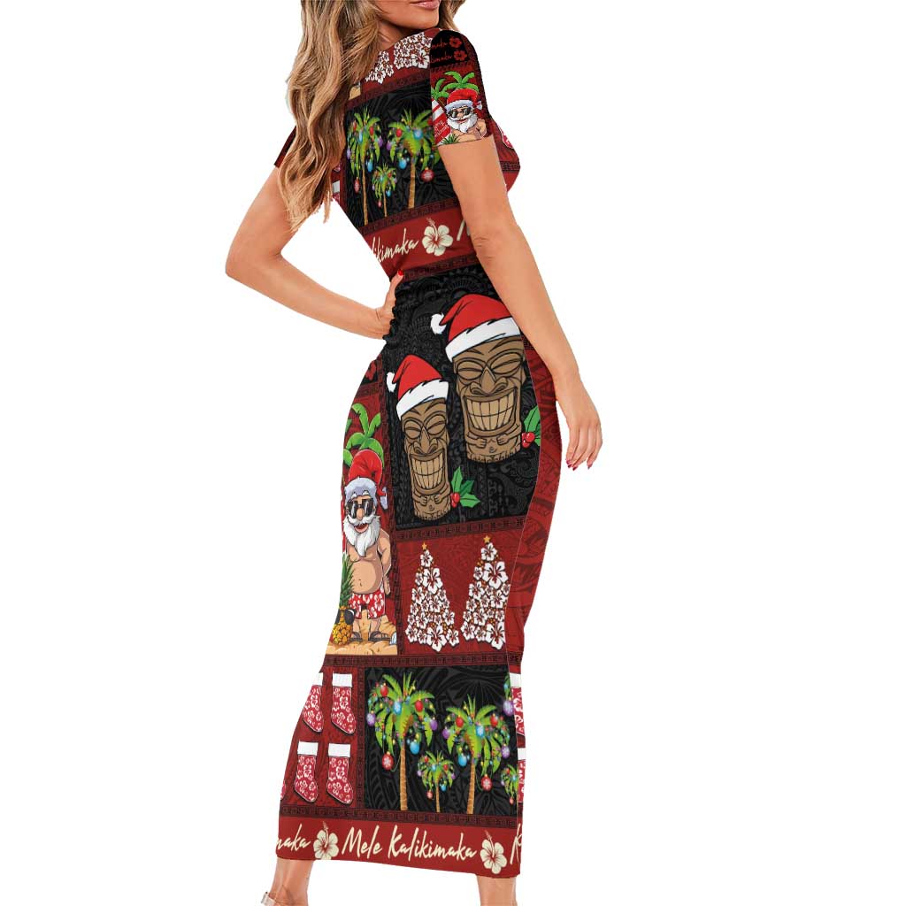 Hawaiian Christmas Family Matching Short Sleeve Bodycon Dress and Hawaiian Shirt - Mele Kalikimaka Island Holiday Vibes - Black Red LT03 - Polynesian Pride