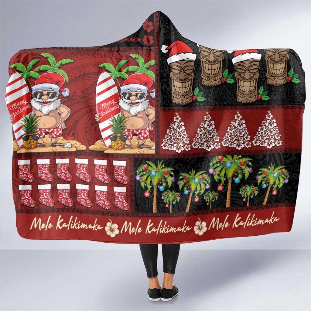 Hawaiian Christmas Hooded Blanket - Mele Kalikimaka Island Holiday Vibes - Black Red