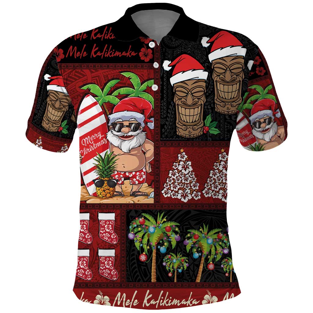 Hawaiian Christmas Polo Shirt - Mele Kalikimaka Island Holiday Vibes - Black Red