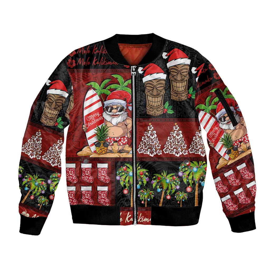 Hawaiian Christmas Sleeve Zip Bomber Jacket - Mele Kalikimaka Island Holiday Vibes - Black Red