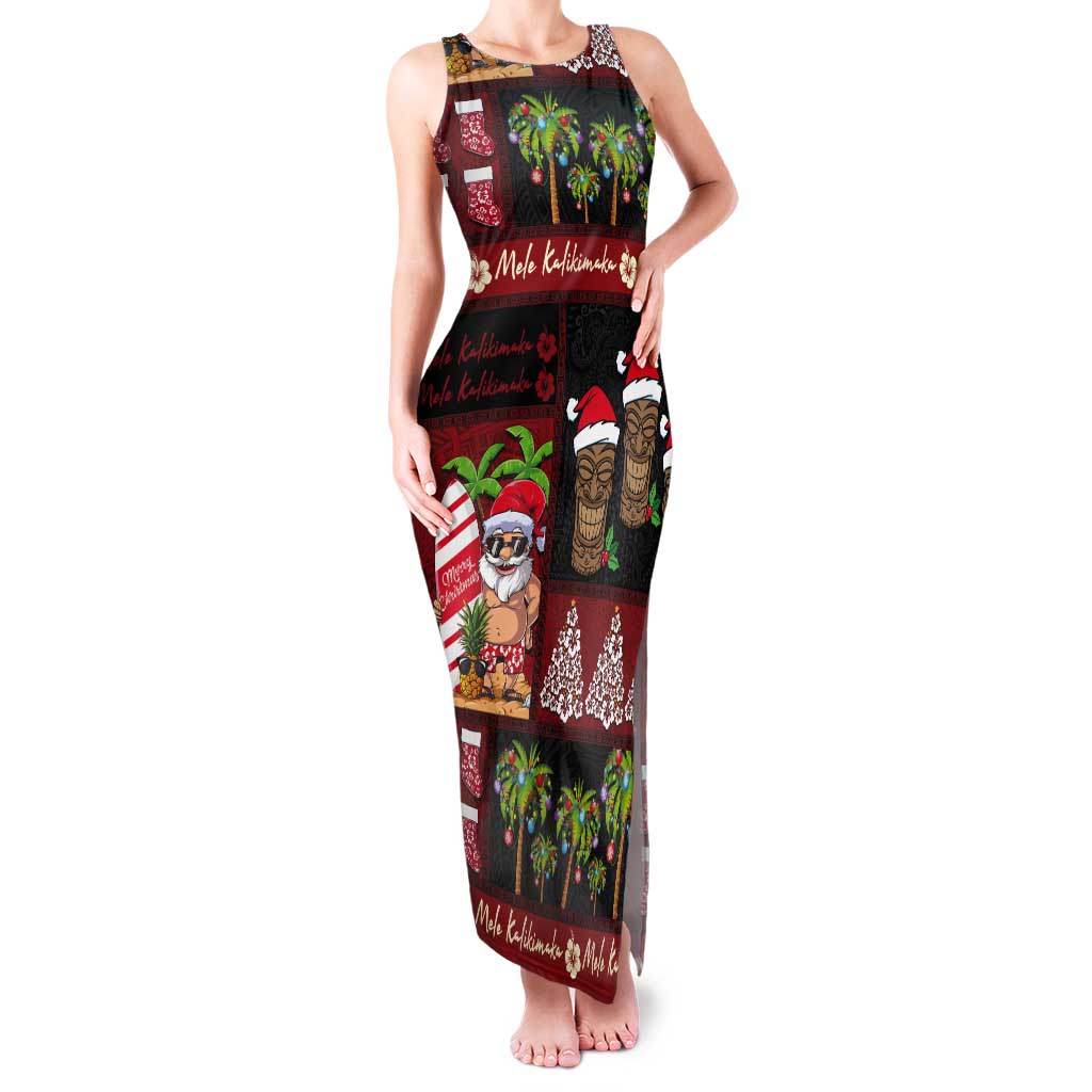 Hawaiian Christmas Tank Maxi Dress - Mele Kalikimaka Island Holiday Vibes - Black Red