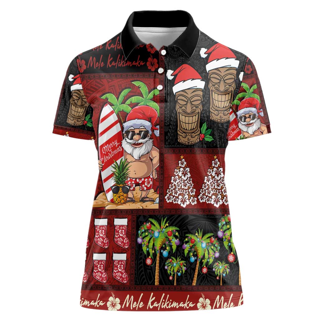 Hawaiian Christmas Women Polo Shirt - Mele Kalikimaka Island Holiday Vibes - Black Red LT03 Female Black - Red - Polynesian Pride