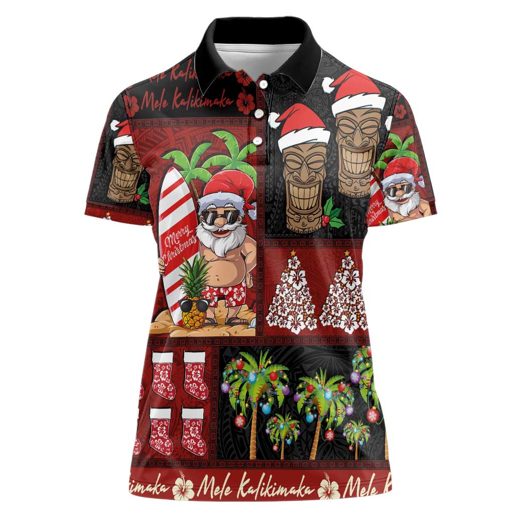 Hawaiian Christmas Women Polo Shirt - Mele Kalikimaka Island Holiday Vibes - Black Red