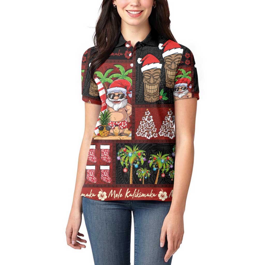 Hawaiian Christmas Women Polo Shirt - Mele Kalikimaka Island Holiday Vibes - Black Red LT03 - Polynesian Pride