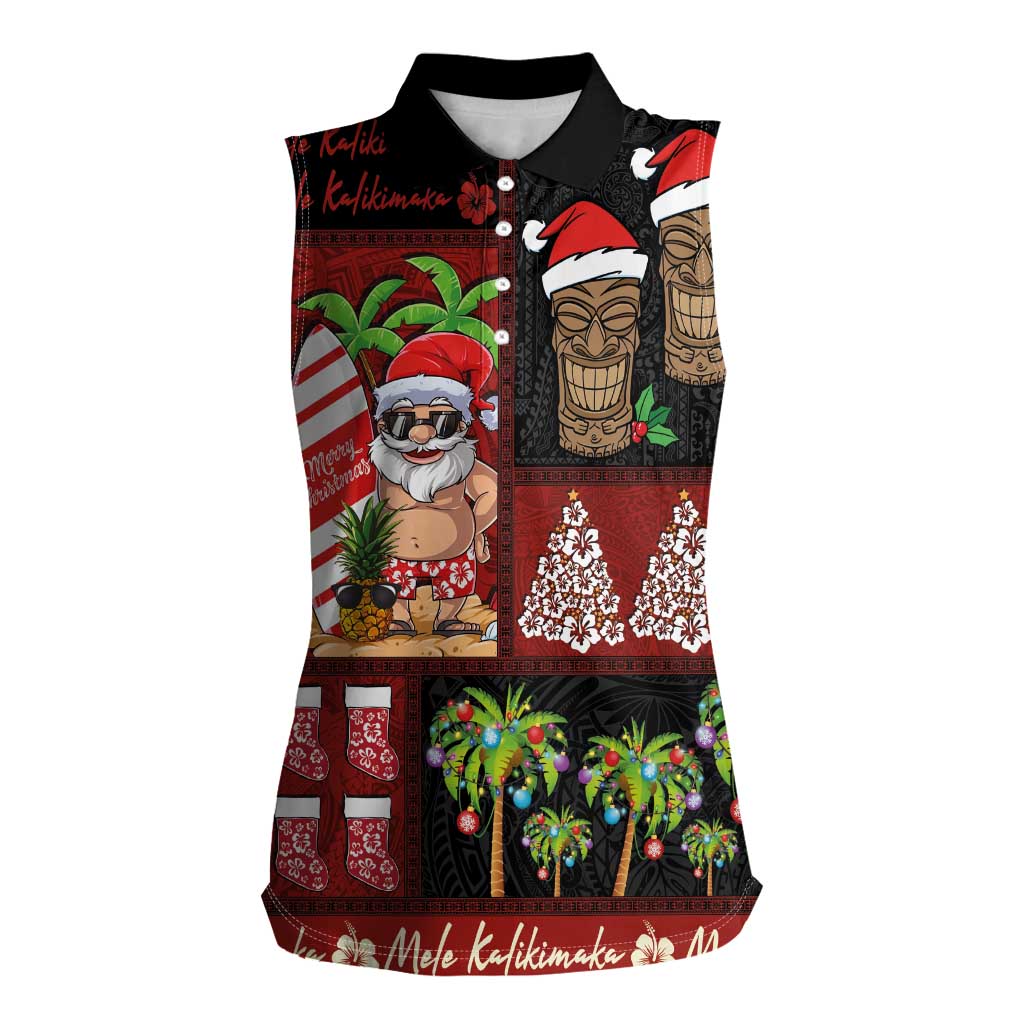 Hawaiian Christmas Women Sleeveless Polo Shirt - Mele Kalikimaka Island Holiday Vibes - Black Red LT03 Female Black - Red - Polynesian Pride