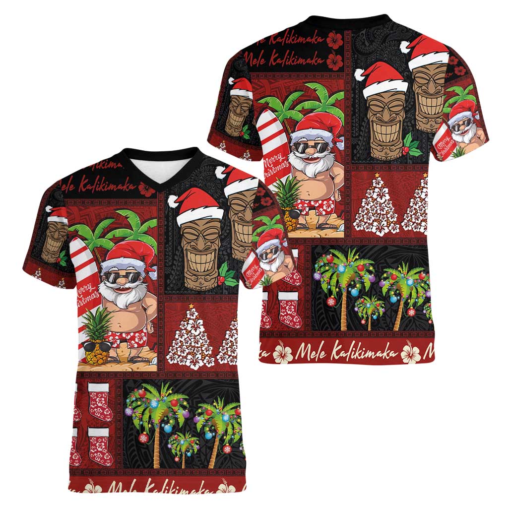 Hawaiian Christmas Women V-Neck T-Shirt - Mele Kalikimaka Island Holiday Vibes - Black Red LT03 - Polynesian Pride