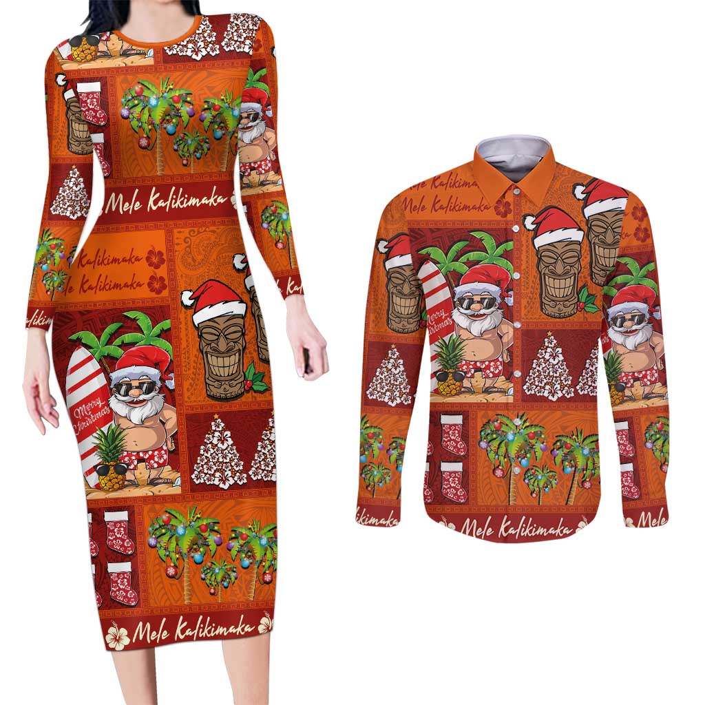 Hawaiian Christmas Couples Matching Long Sleeve Bodycon Dress and Long Sleeve Button Shirt - Mele Kalikimaka Island Holiday Vibes - Red Orange LT03 Red - Orange - Polynesian Pride