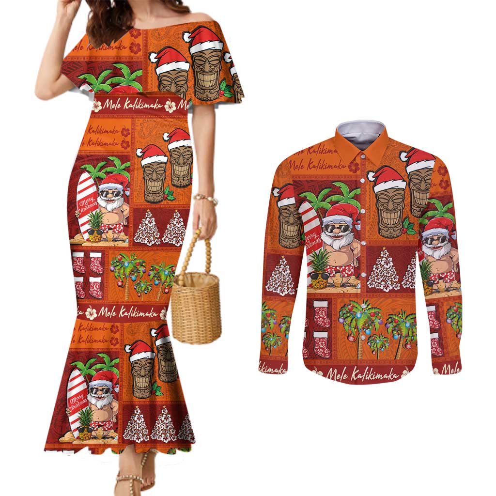 Hawaiian Christmas Couples Matching Mermaid Dress and Long Sleeve Button Shirt - Mele Kalikimaka Island Holiday Vibes - Red Orange LT03 Red - Orange - Polynesian Pride