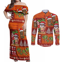 Hawaiian Christmas Couples Matching Off Shoulder Maxi Dress and Long Sleeve Button Shirt - Mele Kalikimaka Island Holiday Vibes - Red Orange LT03 Red - Orange - Polynesian Pride