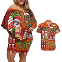 Hawaiian Christmas Couples Matching Off Shoulder Short Dress and Hawaiian Shirt - Mele Kalikimaka Island Holiday Vibes - Red Orange LT03 Red - Orange - Polynesian Pride