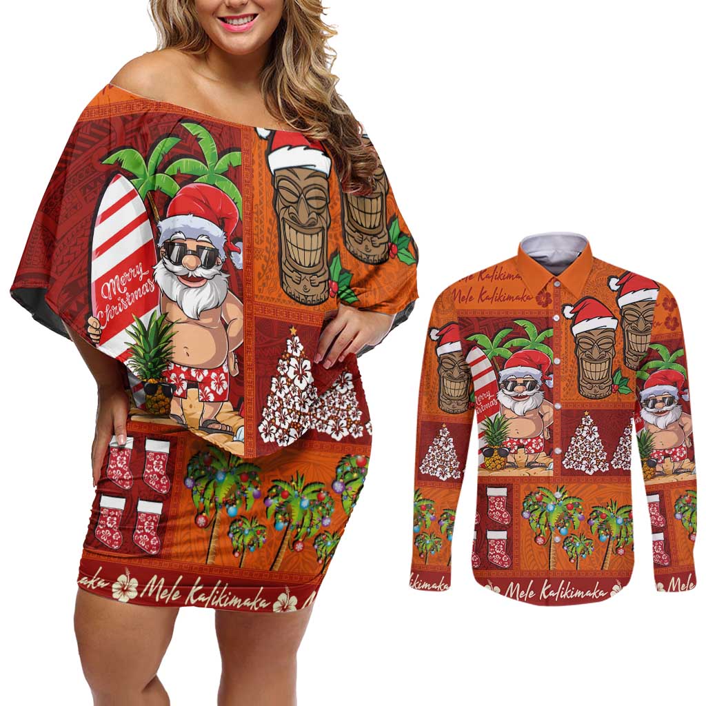 Hawaiian Christmas Couples Matching Off Shoulder Short Dress and Long Sleeve Button Shirt - Mele Kalikimaka Island Holiday Vibes - Red Orange LT03 Red - Orange - Polynesian Pride