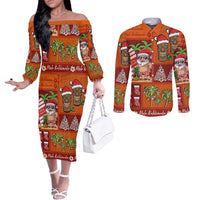 Hawaiian Christmas Couples Matching Off The Shoulder Long Sleeve Dress and Long Sleeve Button Shirt - Mele Kalikimaka Island Holiday Vibes - Red Orange LT03 Red - Orange - Polynesian Pride