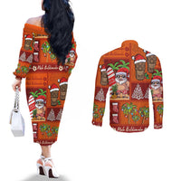 Hawaiian Christmas Couples Matching Off The Shoulder Long Sleeve Dress and Long Sleeve Button Shirt - Mele Kalikimaka Island Holiday Vibes - Red Orange LT03 - Polynesian Pride