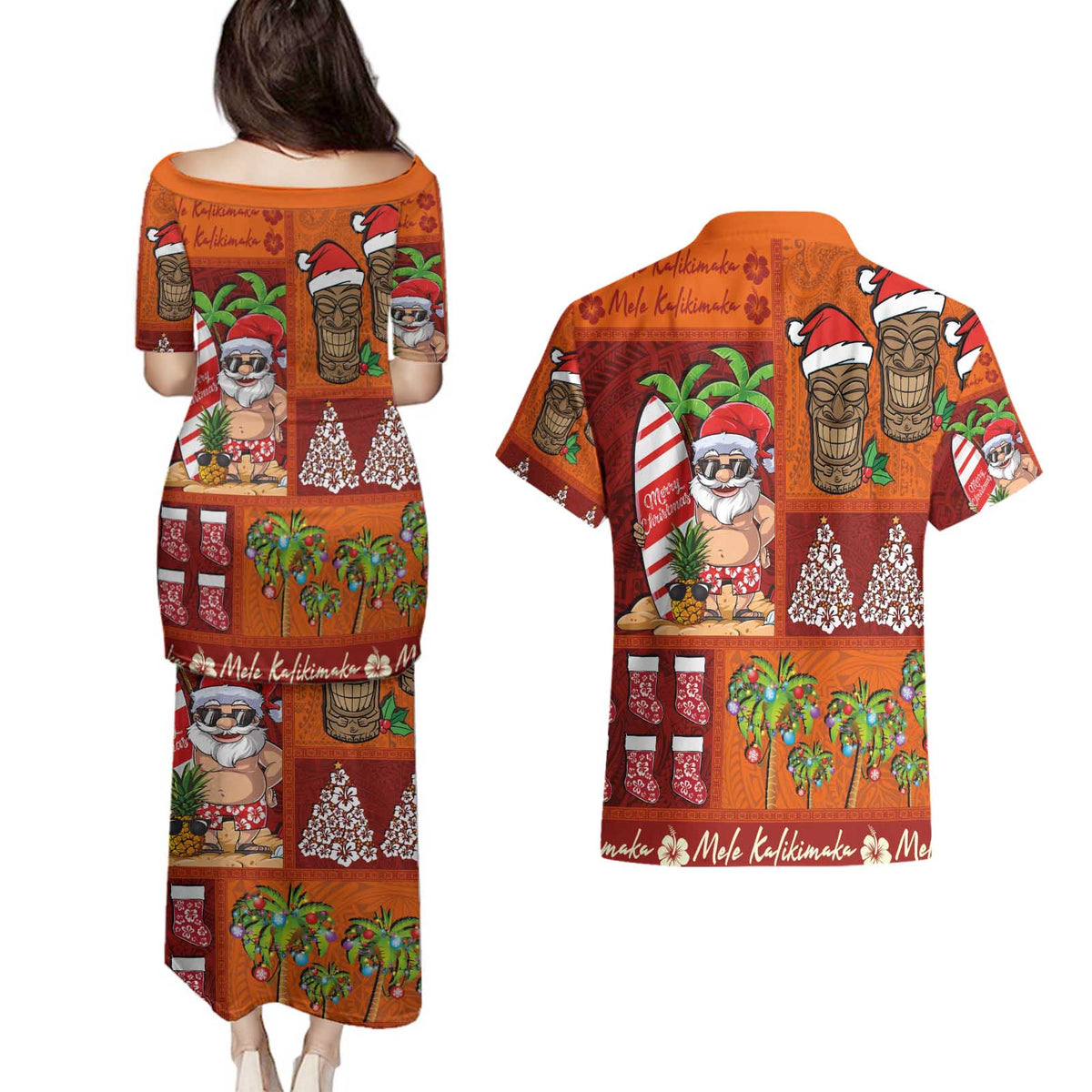 Hawaiian Christmas Couples Matching Puletasi and Hawaiian Shirt - Mele Kalikimaka Island Holiday Vibes - Red Orange LT03 - Polynesian Pride