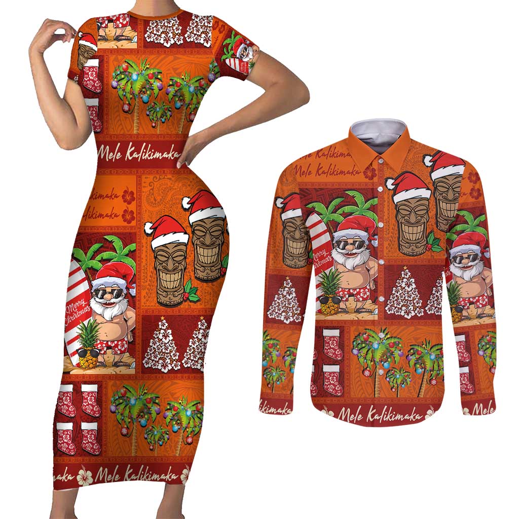 Hawaiian Christmas Couples Matching Short Sleeve Bodycon Dress and Long Sleeve Button Shirt - Mele Kalikimaka Island Holiday Vibes - Red Orange LT03 Red - Orange - Polynesian Pride