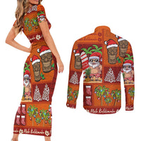 Hawaiian Christmas Couples Matching Short Sleeve Bodycon Dress and Long Sleeve Button Shirt - Mele Kalikimaka Island Holiday Vibes - Red Orange LT03 - Polynesian Pride