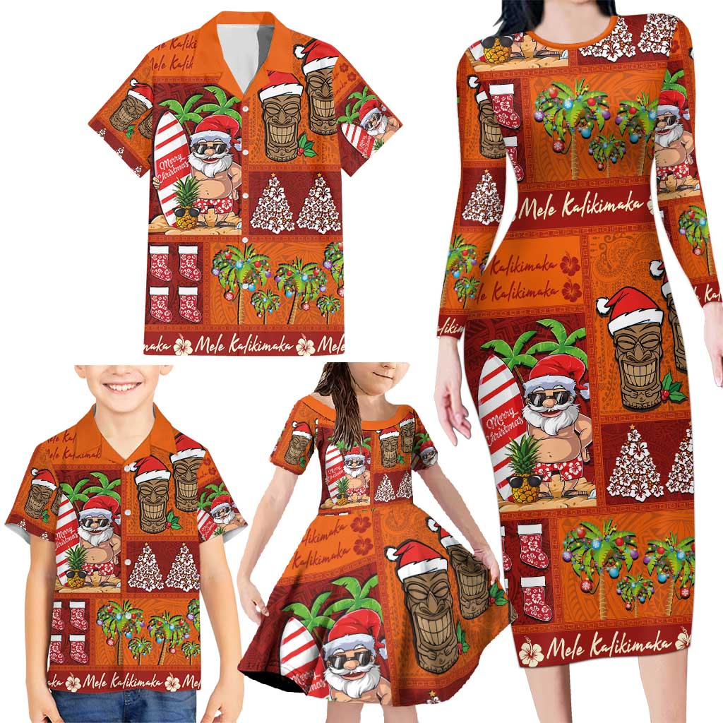 Hawaiian Christmas Family Matching Long Sleeve Bodycon Dress and Hawaiian Shirt - Mele Kalikimaka Island Holiday Vibes - Red Orange LT03 - Polynesian Pride
