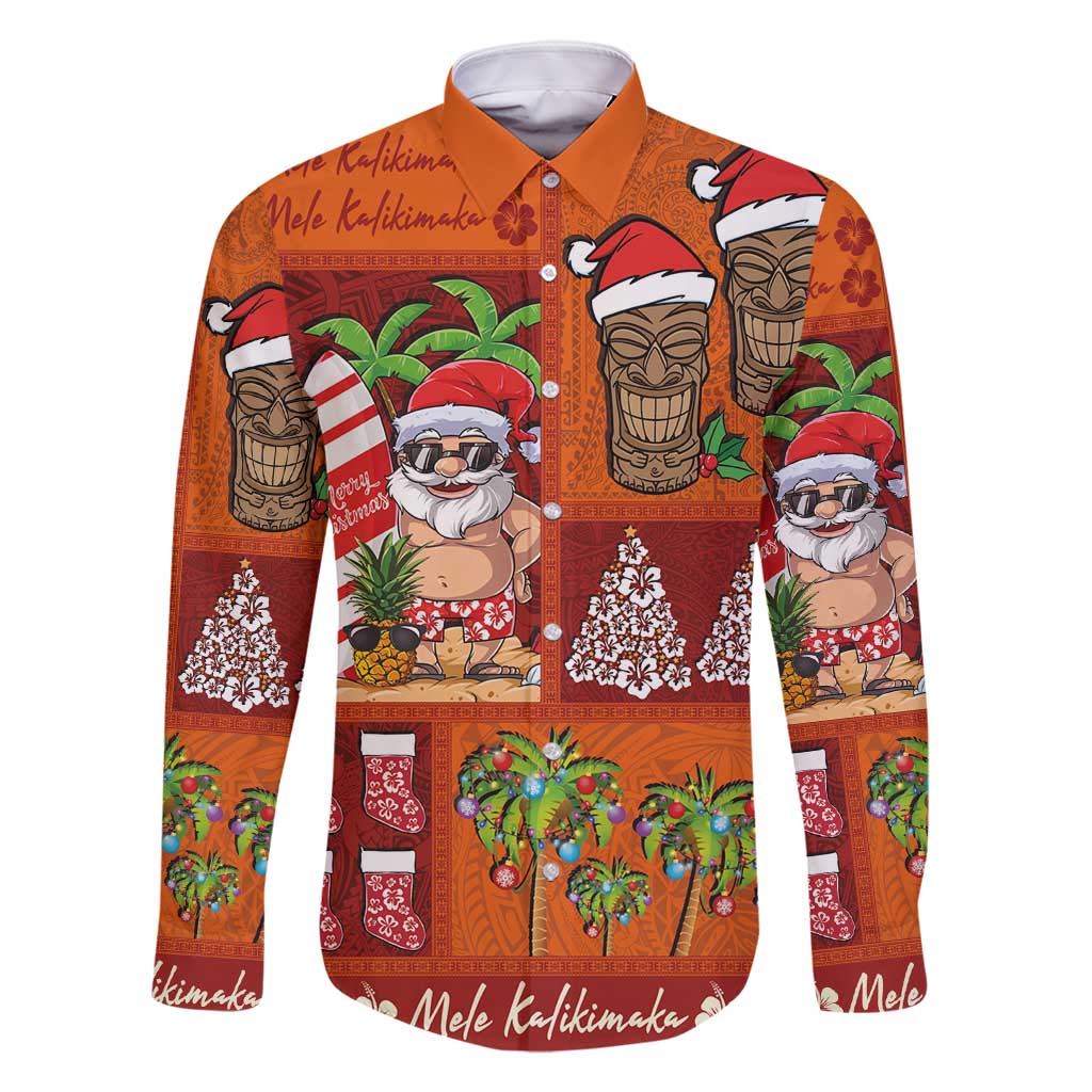 Hawaiian Christmas Family Matching Long Sleeve Bodycon Dress and Hawaiian Shirt - Mele Kalikimaka Island Holiday Vibes - Red Orange LT03 Dad's Shirt - Long Sleeve Red - Orange - Polynesian Pride