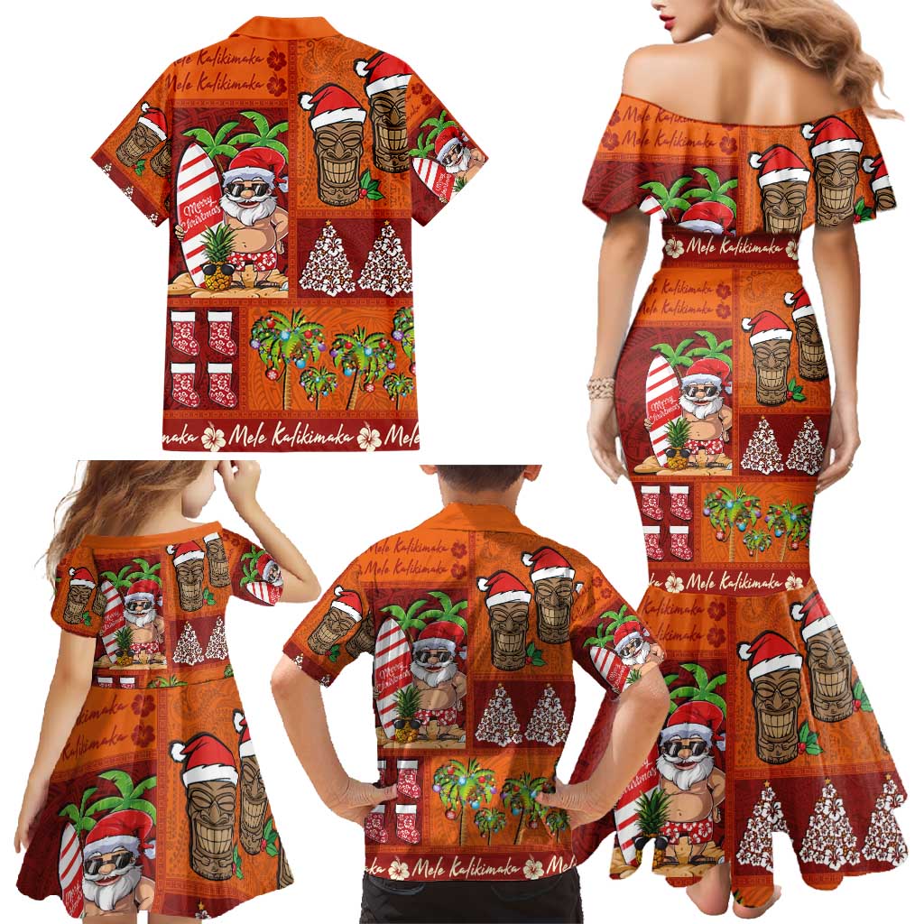 Hawaiian Christmas Family Matching Mermaid Dress and Hawaiian Shirt - Mele Kalikimaka Island Holiday Vibes - Red Orange