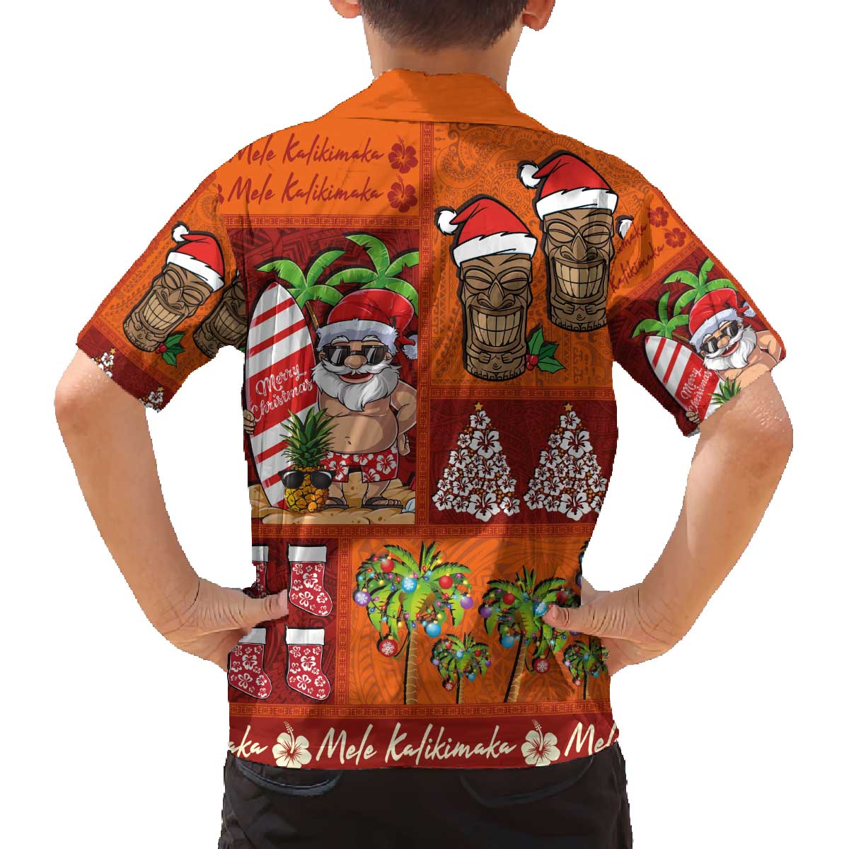 Hawaiian Christmas Family Matching Off The Shoulder Long Sleeve Dress and Hawaiian Shirt - Mele Kalikimaka Island Holiday Vibes - Red Orange LT03 - Polynesian Pride