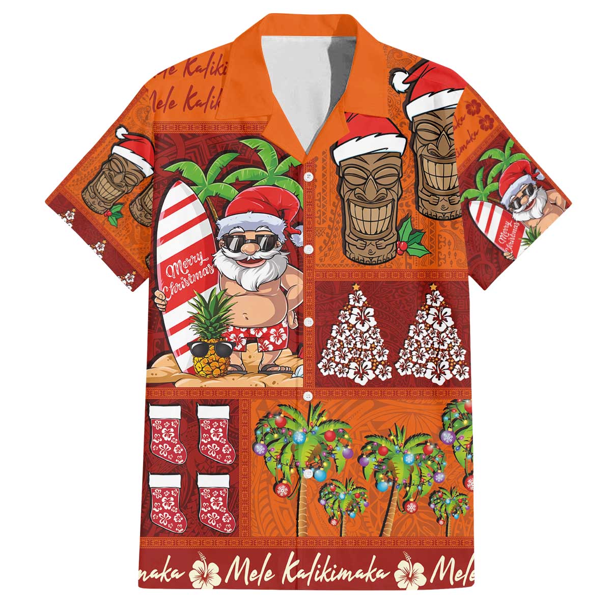 Hawaiian Christmas Family Matching Off The Shoulder Long Sleeve Dress and Hawaiian Shirt - Mele Kalikimaka Island Holiday Vibes - Red Orange LT03 Dad's Shirt - Short Sleeve Red - Orange - Polynesian Pride