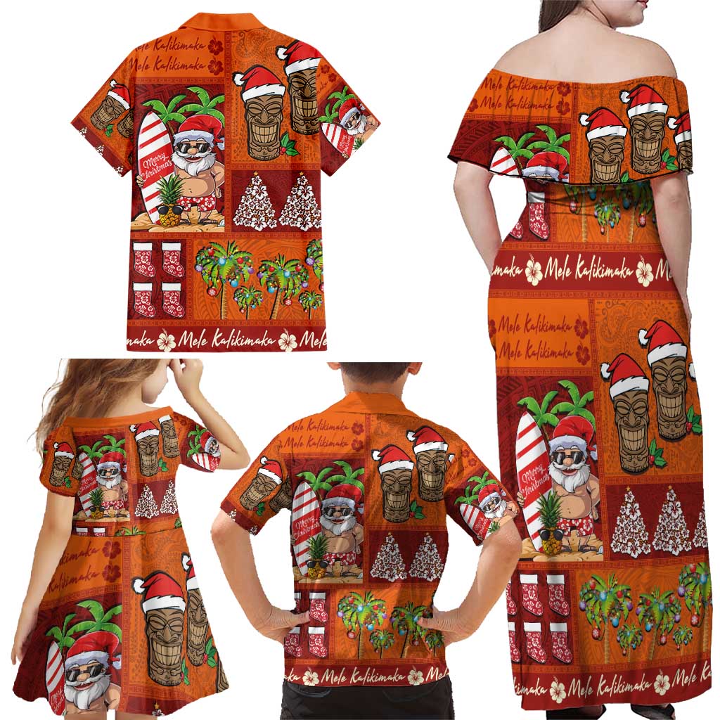 Hawaiian Christmas Family Matching Off Shoulder Maxi Dress and Hawaiian Shirt - Mele Kalikimaka Island Holiday Vibes - Red Orange