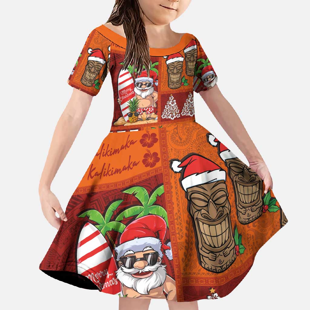 Hawaiian Christmas Family Matching Short Sleeve Bodycon Dress and Hawaiian Shirt - Mele Kalikimaka Island Holiday Vibes - Red Orange LT03 Daughter's Dress Red - Orange - Polynesian Pride