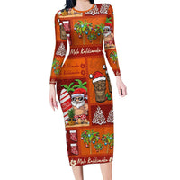 Hawaiian Christmas Long Sleeve Bodycon Dress - Mele Kalikimaka Island Holiday Vibes - Red Orange LT03 Long Dress Red - Orange - Polynesian Pride