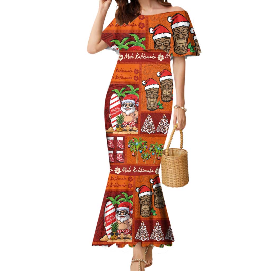 Hawaiian Christmas Mermaid Dress - Mele Kalikimaka Island Holiday Vibes - Red Orange