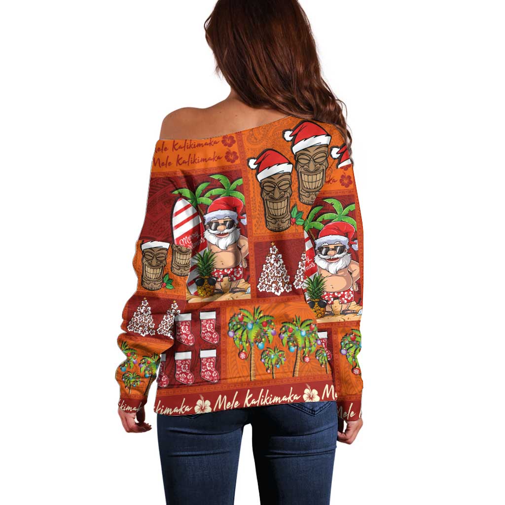 Hawaiian Christmas Off Shoulder Sweater - Mele Kalikimaka Island Holiday Vibes - Red Orange