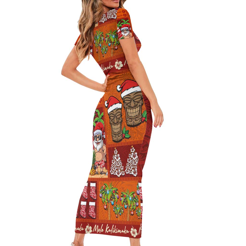 Hawaiian Christmas Short Sleeve Bodycon Dress - Mele Kalikimaka Island Holiday Vibes - Red Orange LT03 - Polynesian Pride