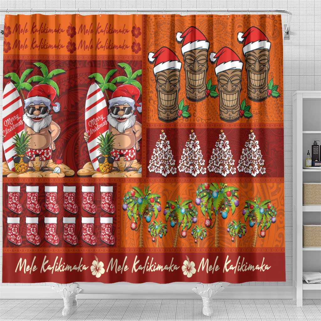 Hawaiian Christmas Shower Curtain - Mele Kalikimaka Island Holiday Vibes - Red Orange