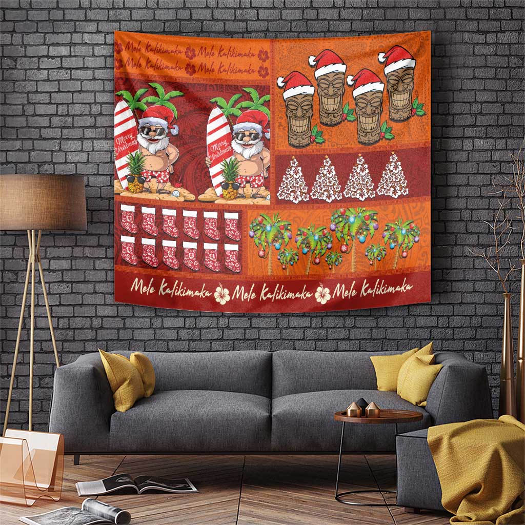 Hawaiian Christmas Tapestry - Mele Kalikimaka Island Holiday Vibes - Red Orange