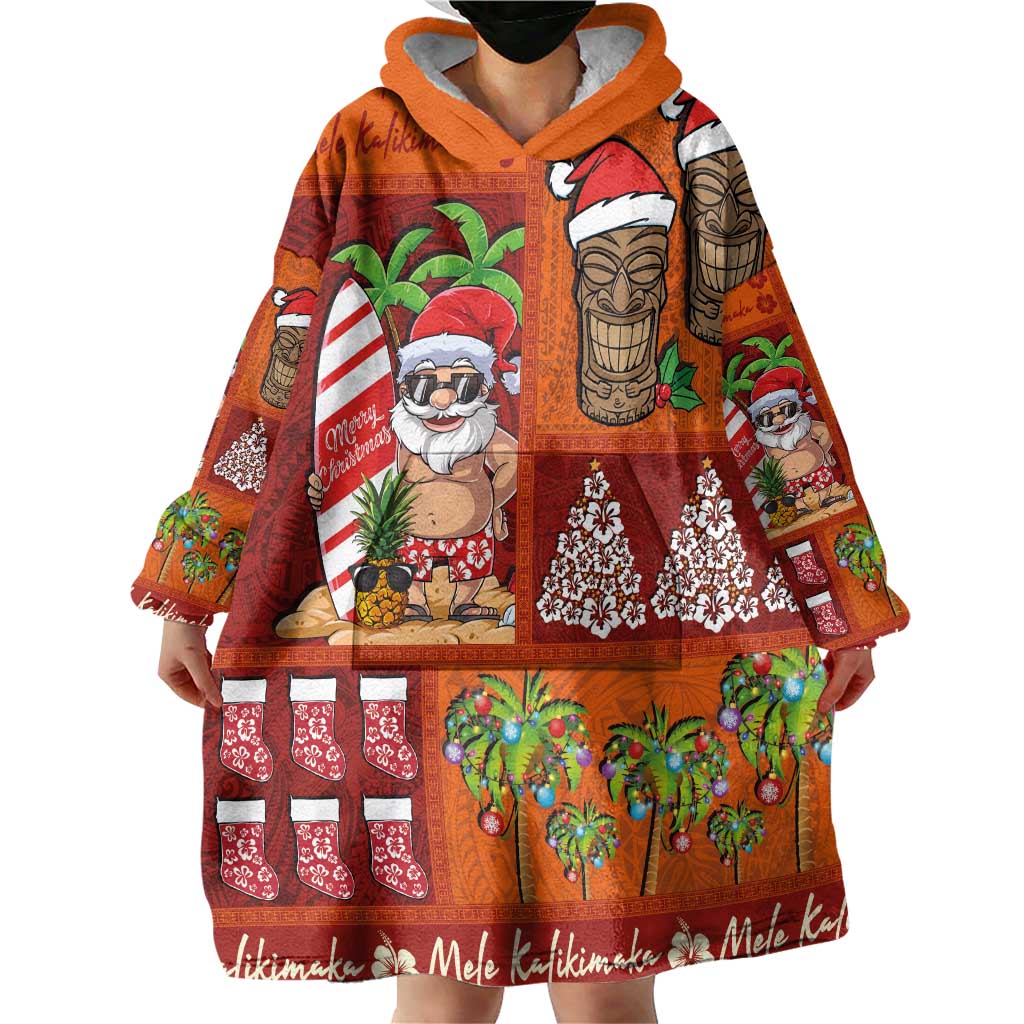 Hawaiian Christmas Wearable Blanket Hoodie - Mele Kalikimaka Island Holiday Vibes - Red Orange