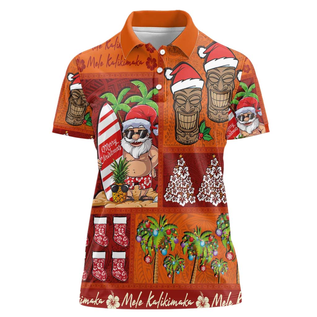 Hawaiian Christmas Women Polo Shirt - Mele Kalikimaka Island Holiday Vibes - Red Orange