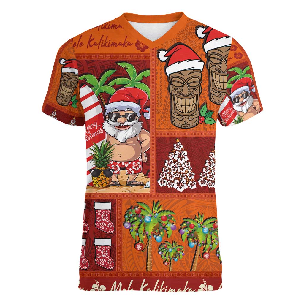 Hawaiian Christmas Women V-Neck T-Shirt - Mele Kalikimaka Island Holiday Vibes - Red Orange LT03 Female Red - Orange - Polynesian Pride