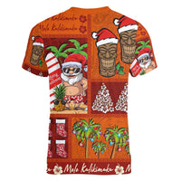 Hawaiian Christmas Women V-Neck T-Shirt - Mele Kalikimaka Island Holiday Vibes - Red Orange LT03 - Polynesian Pride