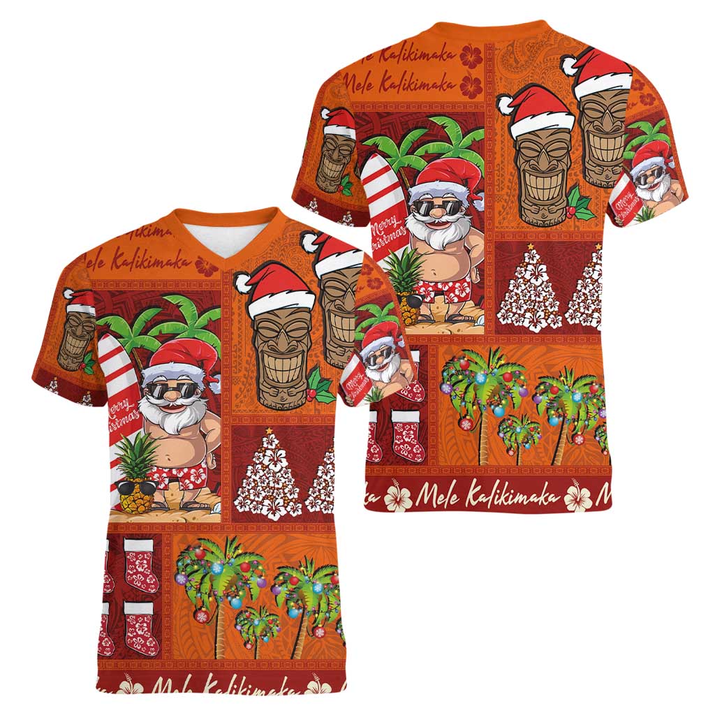 Hawaiian Christmas Women V-Neck T-Shirt - Mele Kalikimaka Island Holiday Vibes - Red Orange LT03 - Polynesian Pride