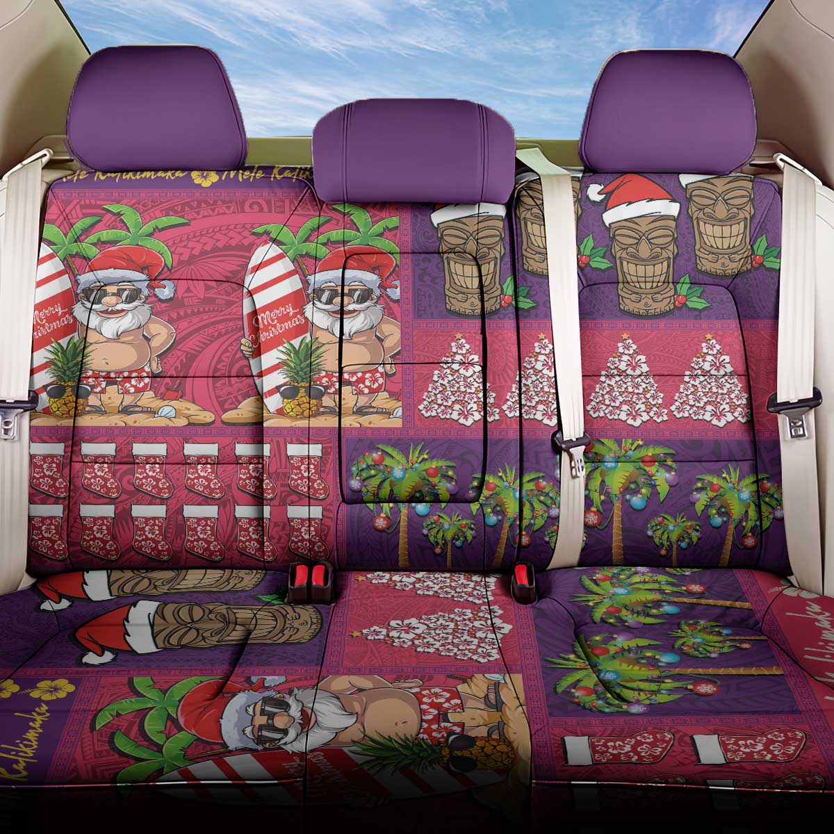 Hawaiian Christmas Back Car Seat Cover - Mele Kalikimaka Island Holiday Vibes - Pink Purple